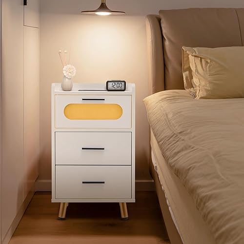 Miniatura 2 de M MOKENEYE Mesita de noche LED con estación de carga, mesita de noche con 3 cajones, mesa auxiliar con puertos y tomas USBC, moderna mesita de noche