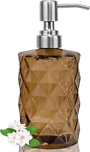 Dispensador de jabón de vidrio marrón de 12 onzas con bomba de acero inoxidable, dispensador de jabón líquido de cocina recargable con diseño de