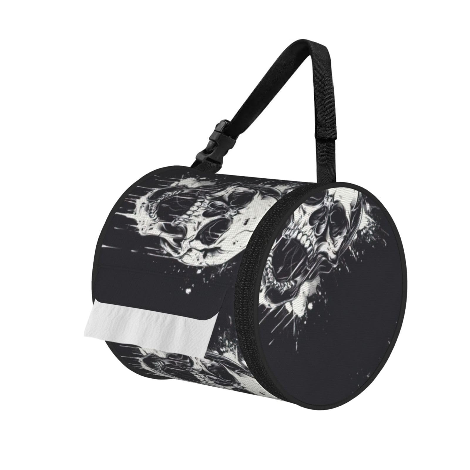 Horror Ghost Skull Print Cylinder Bathroom Tissue Holder With Buckle Strap, Portable Paper Case For Road Trips