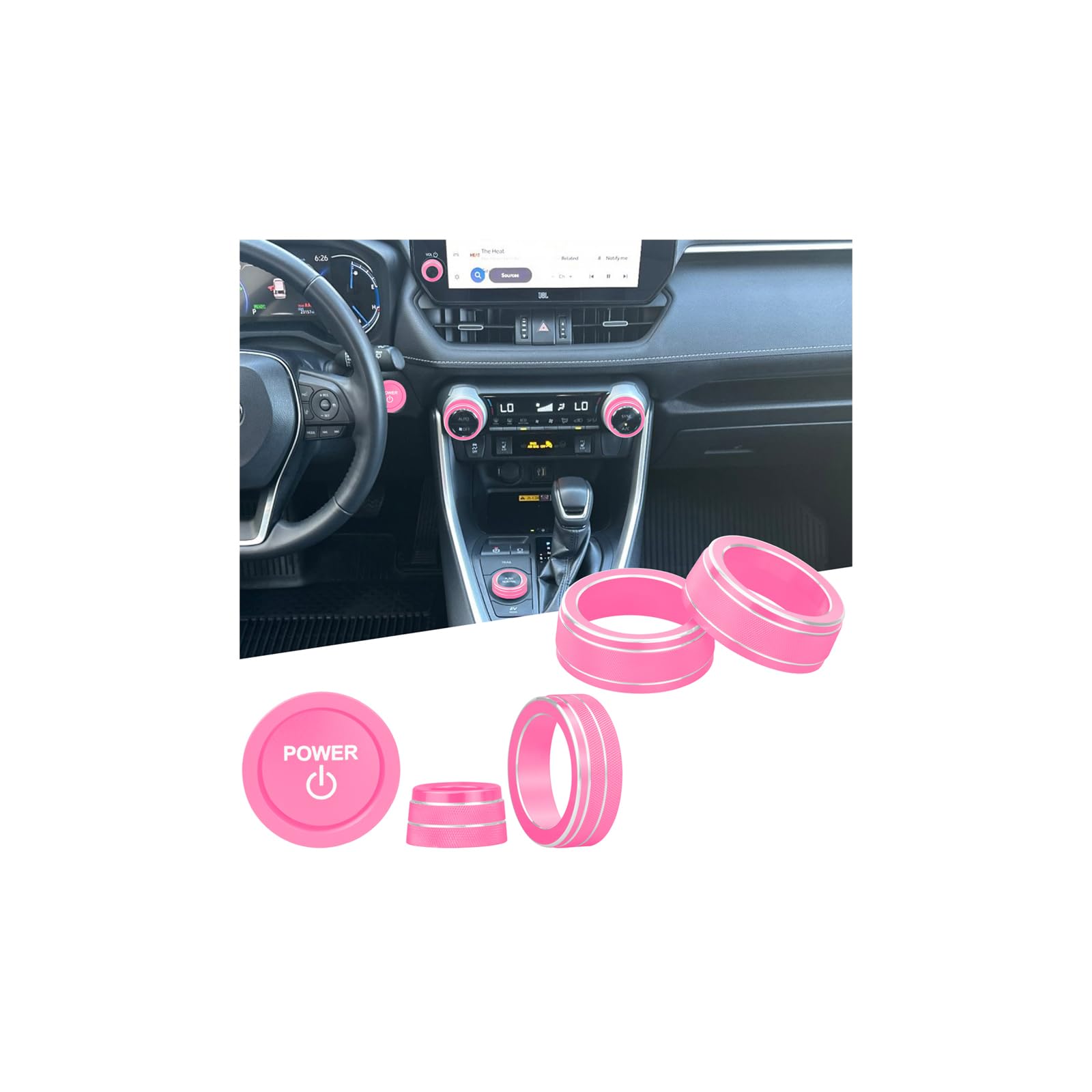 for Toyota RAV4/RAV4 Hybrid 2023 2024 2025 air Conditioning knob Cover, Start Button Cover Decorative Ring, Volume, Aluminum Alloy Decoration (RAV4 Hybrid, Pink)