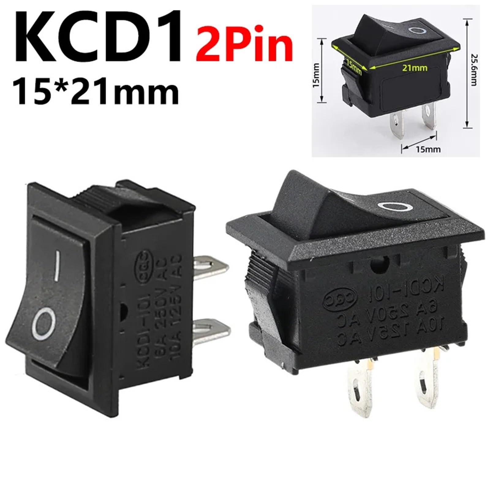 5/20/100 Piezas KCD1 15 * 21 mm Interruptor de Barco de 2 Pines 10 * 15 mm Interruptor de posición basculante SPST ON Off a presión Interruptor Basculante(KCD1 15X20mm,100PCS)
