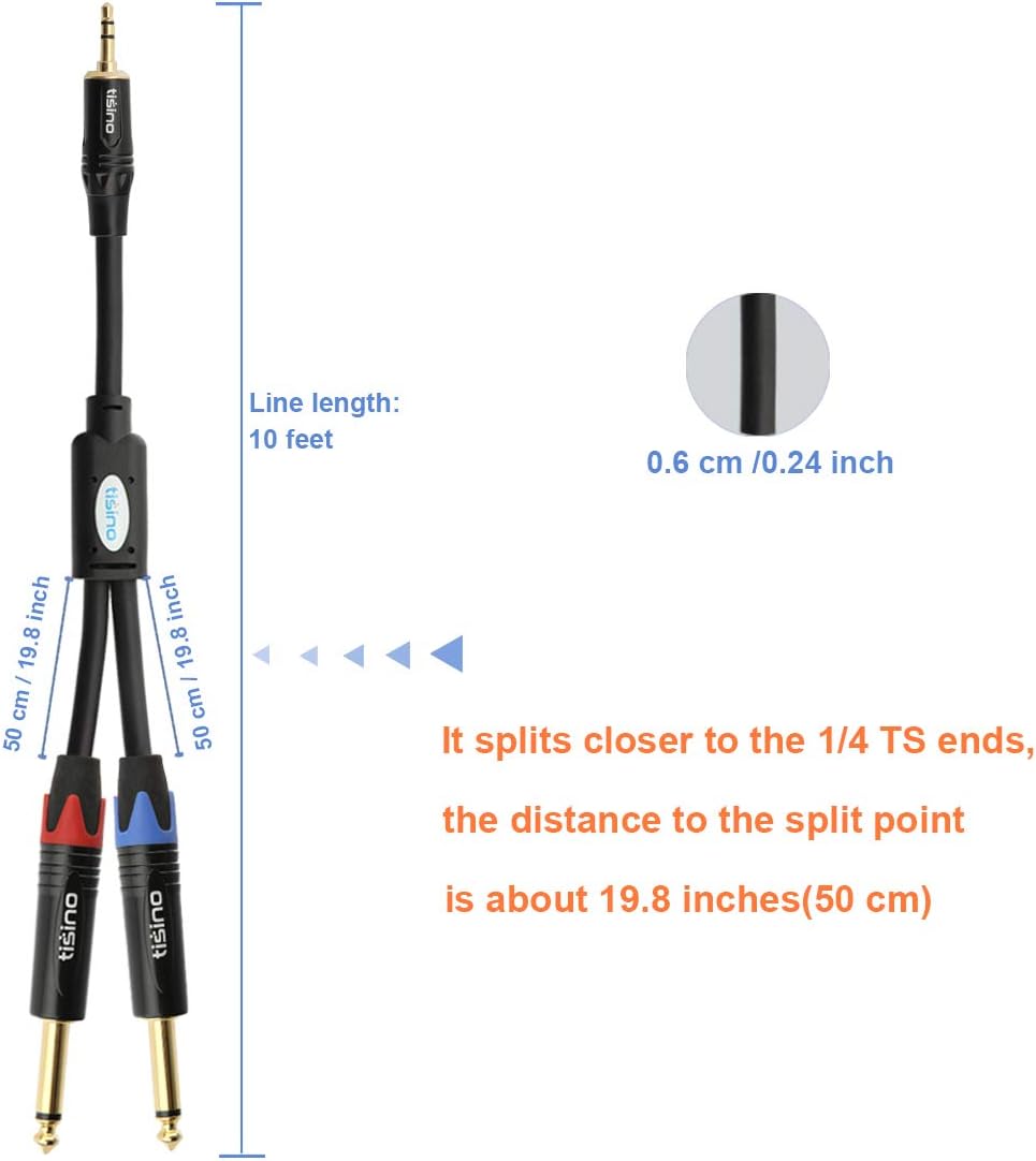 TISINO 1/8 to 1/4 Stereo Cable, 1/8 Inch TRS Stereo to Dual 1/4 inch TS Mono Y-Splitter Cable 3.5mm Aux Mini Jack to Jack Breakout Cord - 10 feet