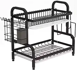 Escorredor de Louça Metálico, Preto, 2 Níveis, Montagem Sobre Pia, 48x30x48cm, com Suporte para Utensílios e Bandejas Coletoras, para Cozinha