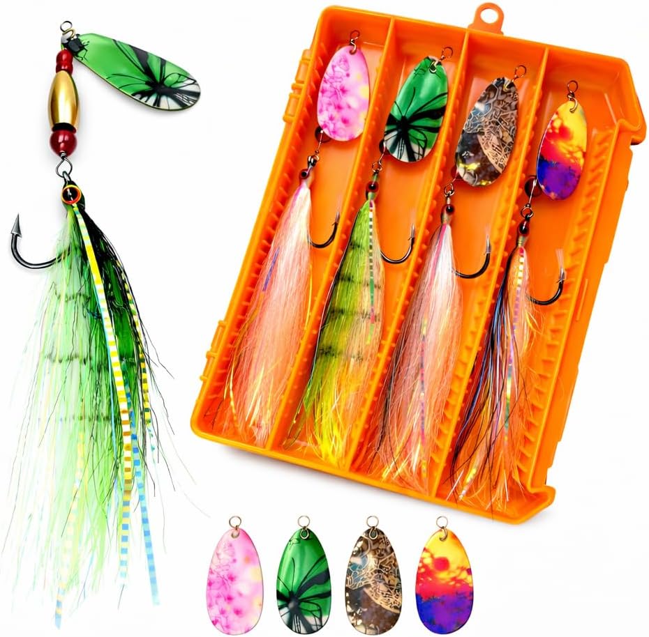 Pike Lures, 4Pcs Spinner Baits for Pike, Lure for Pike & Largemouth Bass, Premium Pike Fishing Lures with Rabbit Tail or Long Skirt