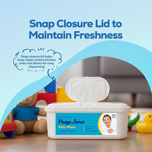 Miniatura 4 de Dynarex Toallitas para bebés, toallitas sin alcohol para bebés con lanolina y aloe para hidratar la piel, cierre a presión, no tejidas y perfumadas,
