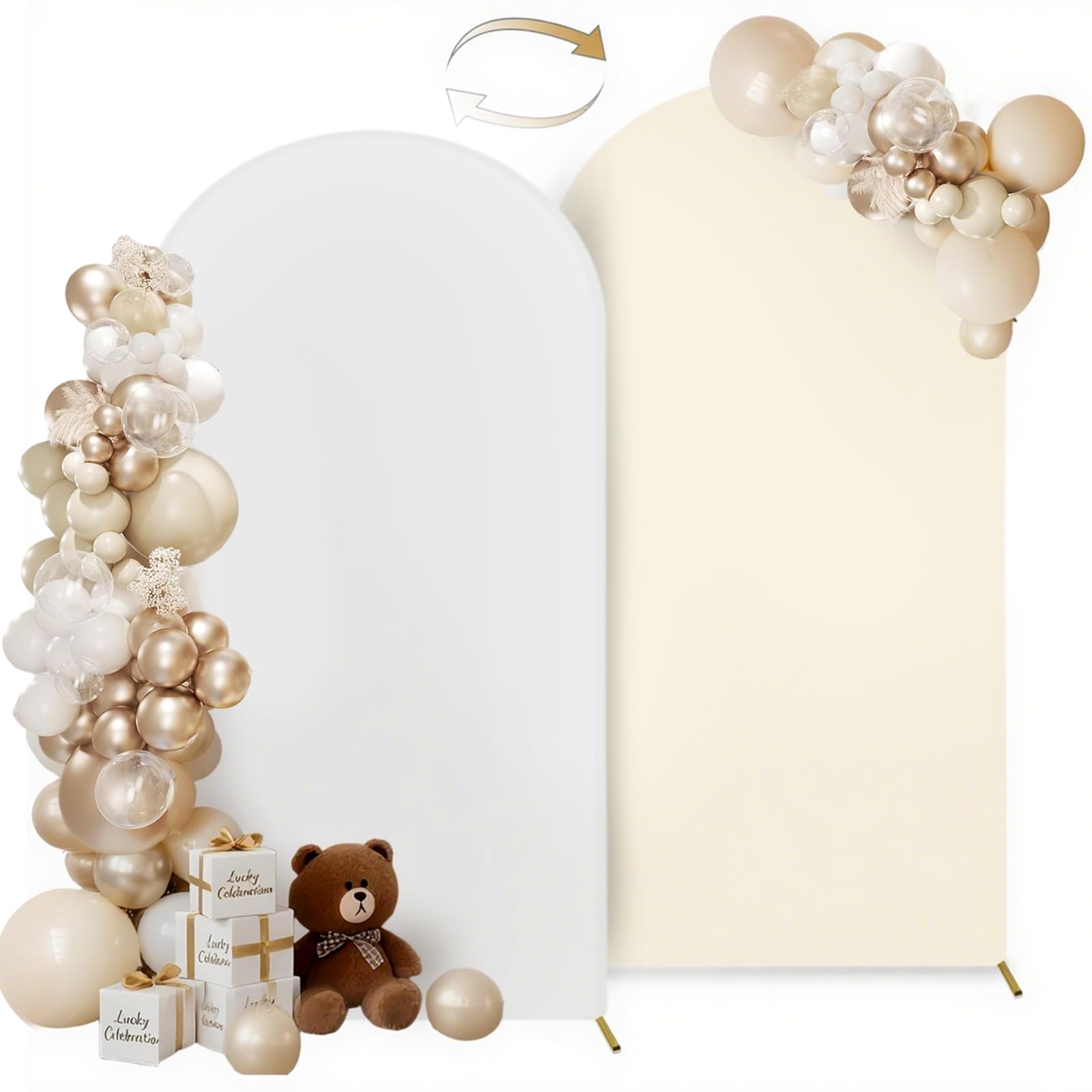 Hemmotop 7.2 ft Arch Backdrop Cover (One Piece Double Color), White and Beige Spandex Arch Stand Covers, Fabric Stretchy Background for Balloon Arches