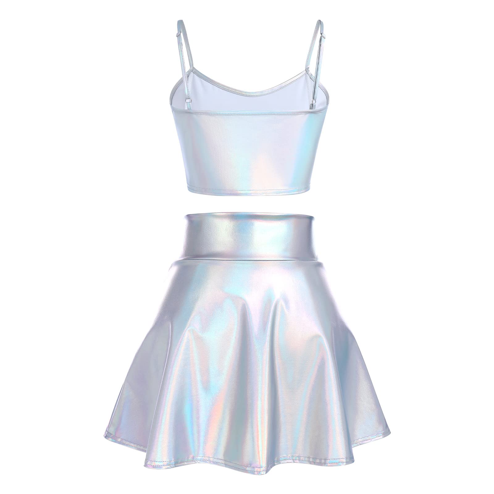 IBAKOM Conjunto de 3 piezas de trajes de alienígena para mujer, manga brillante, minifalda acampanada, diadema, festival musical, escenario, cóctel, 70 y 80, vestido de fiesta