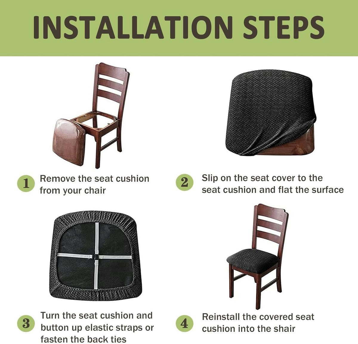 Fundas de asiento para silla de comedor de cuero, fundas elásticas para asiento de silla con lazos, juego de 1, 2, 4 y 6 fundas elásticas de PU para asiento de silla, funda protectora antidesliza