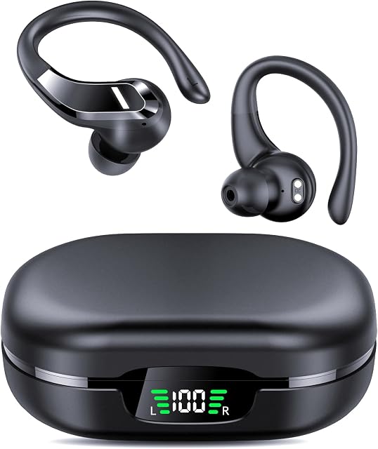 MPWHYL Wireless Earbuds, Bluetooth 5.3 Headphones with Built-in Mics, LED Display, 48H Playtime HD Hi-Fi Stereo Deep Bass In-Ear Earphones with Earhooks, IPX7 Waterproof, Running Ear Buds for Sports