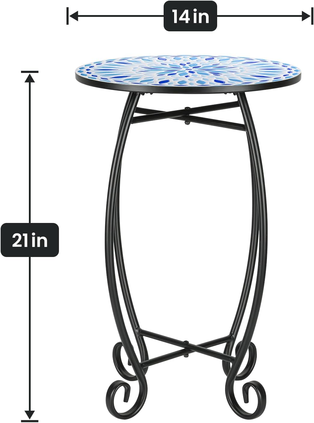 14" Outdoor Side Table, Scrollwork Accent Round End Table, Unique Relief Ceramic Tile Tabletop with Metal Frame, Coffee Tea Table Nightstand for Living Room, Bedroom