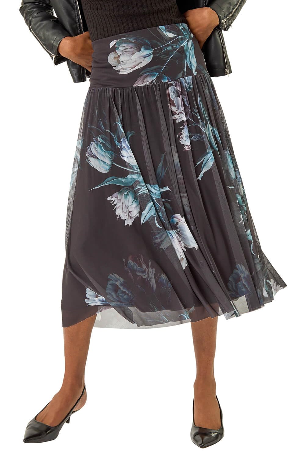 Roman Originals Women's Black Marble Print Mesh Layer Skirt For Uk - Everyday Holiday Spring Summer Comfy Soft Evening Vacation Work Party - Size 18