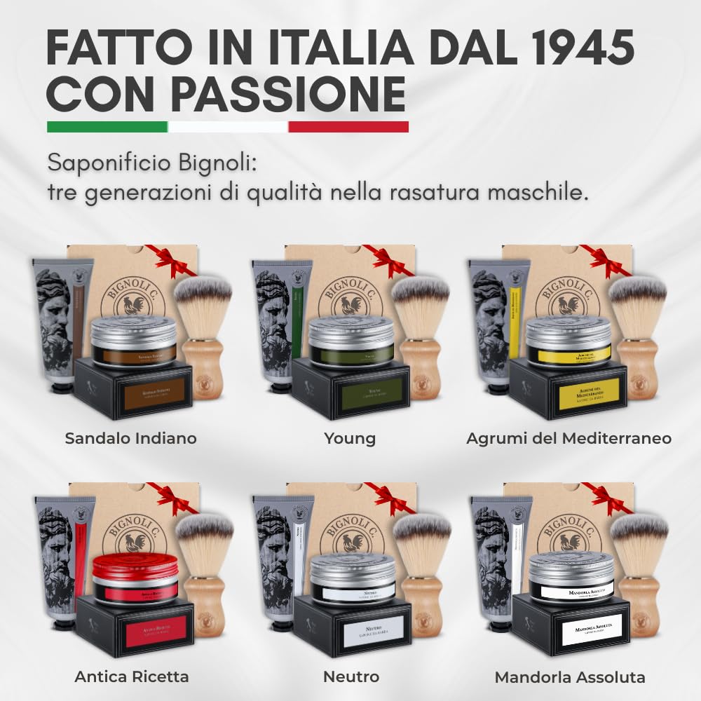 Bignoli Set Rasatura Tradizionale – Kit Barba Uomo - Sapone da Barba 175g + Crema Dopobarba 75ml + Pennello | Qualità Artigianale - Set Regalo Uomo