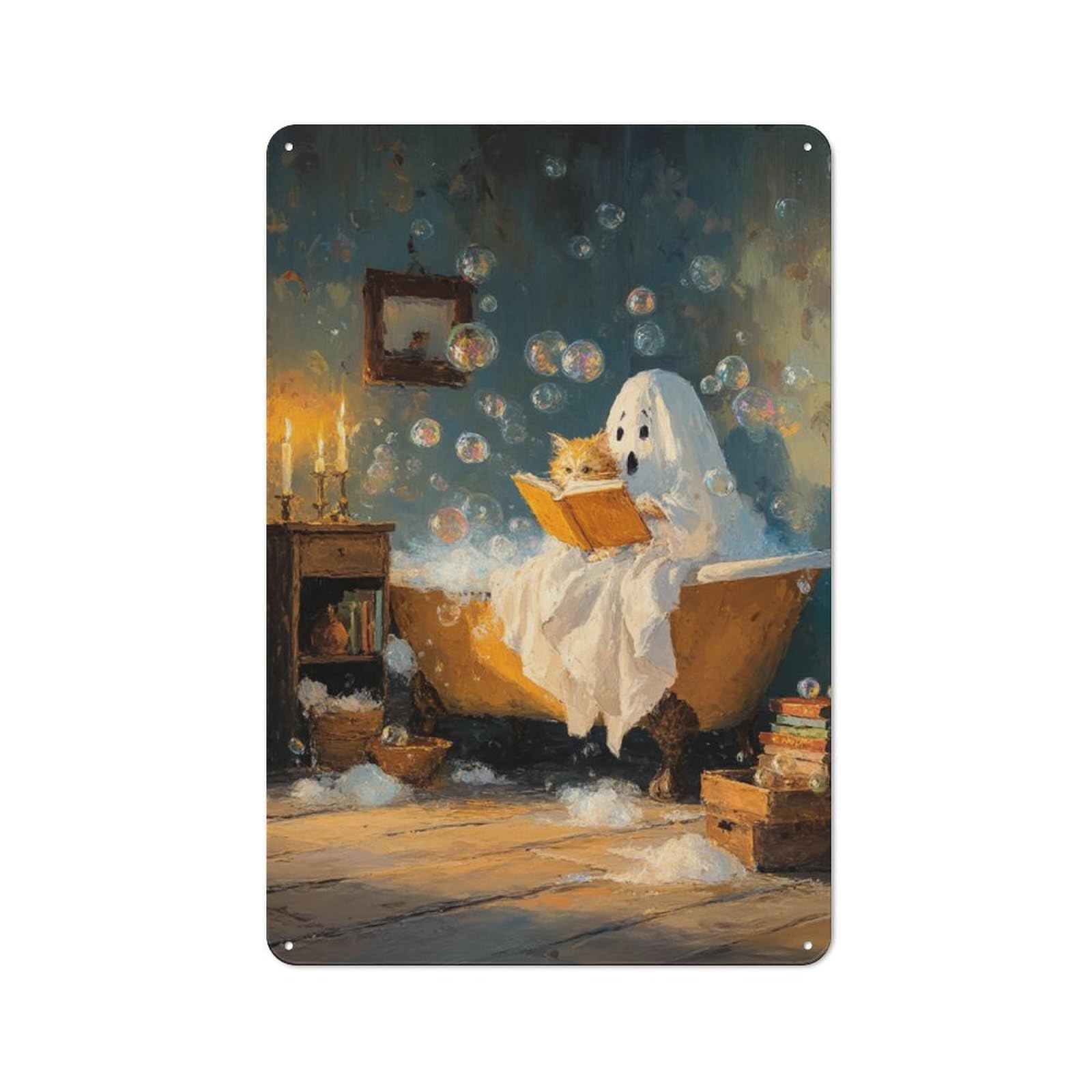 Junmoney Ghostly Bath & Bookish Whiskers Vintage Tin Sign 30X20cm With For Man Cave Or Games Room, Suited To Wall Displays In Games Rooms And Man Caves