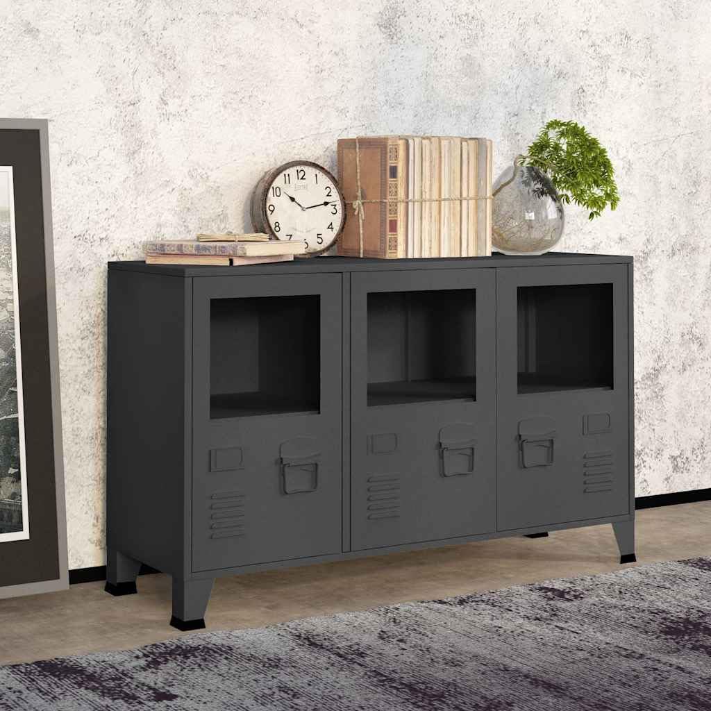 Credenza Industriale in Metallo e Vetro Antracite 105x35x62 cm