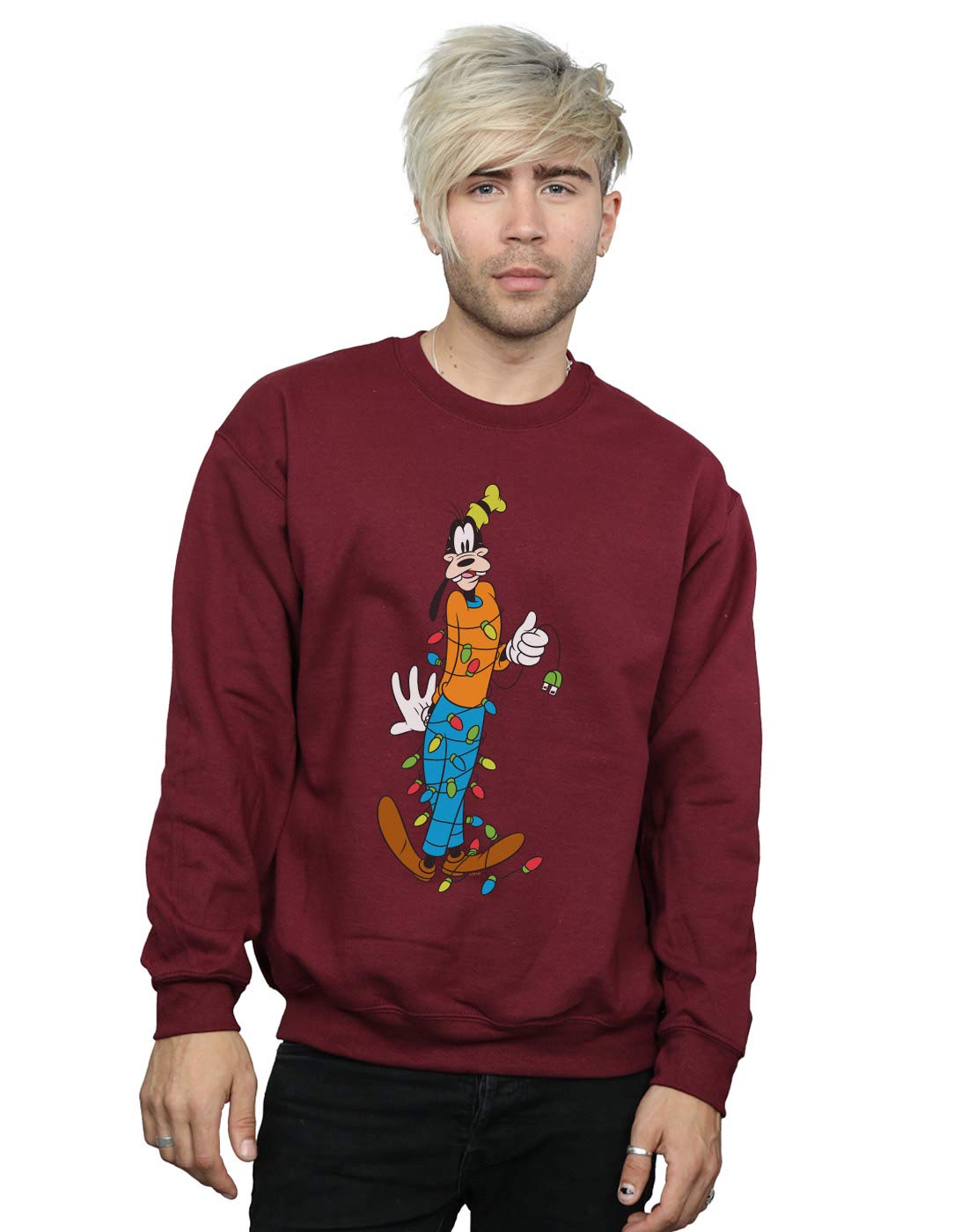 Absolute Cult Men's Burgundy Disney Goofy Christmas Lights Sweatshirt Medium