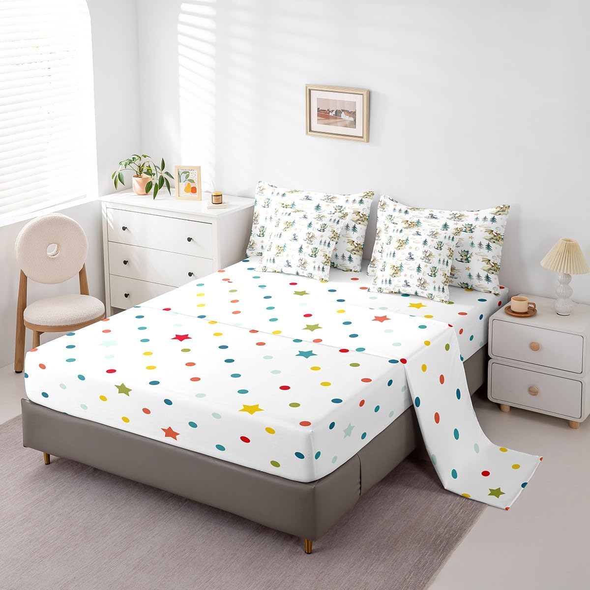 Feelyou Comforter Set with Sheets 7 Piece Twin Size Cute Dragon Bed in a Bag Kids Boys Girls Baby Dragon Bedding Set Kawai Cloudy Bedroom Decor Tree Botanical Soft Microfiber Light Blue White