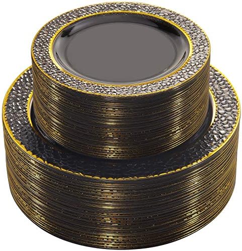 Nervure 102PCS Black Plastic Plates – Clear Black and Gold Plastic Plates Include 51 Dinner Plates 10.25 inch, 51 Salad/Dessert Plates 7.5 inch for Wedding & Party & New Year's Day