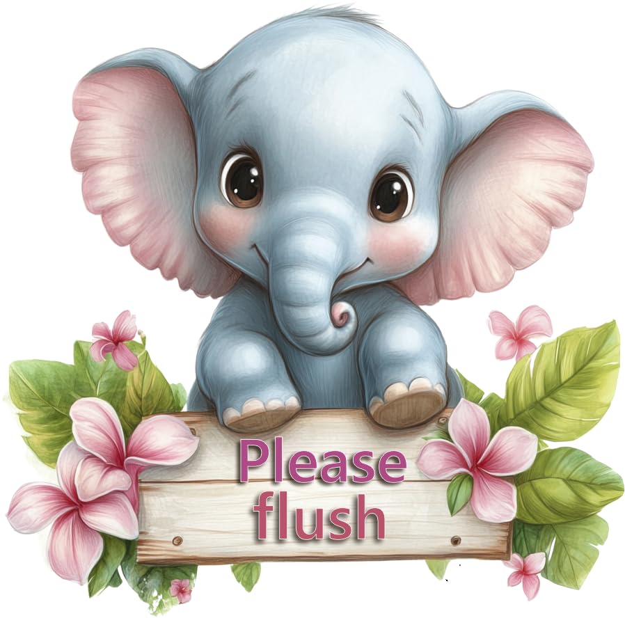 Cute Elephant Bathroom Toddler Toilet Sticker, Non Transparent Waterproof Please Flush Wall Art Decal Kids and Childrens Vibrant Loo Seat Sign