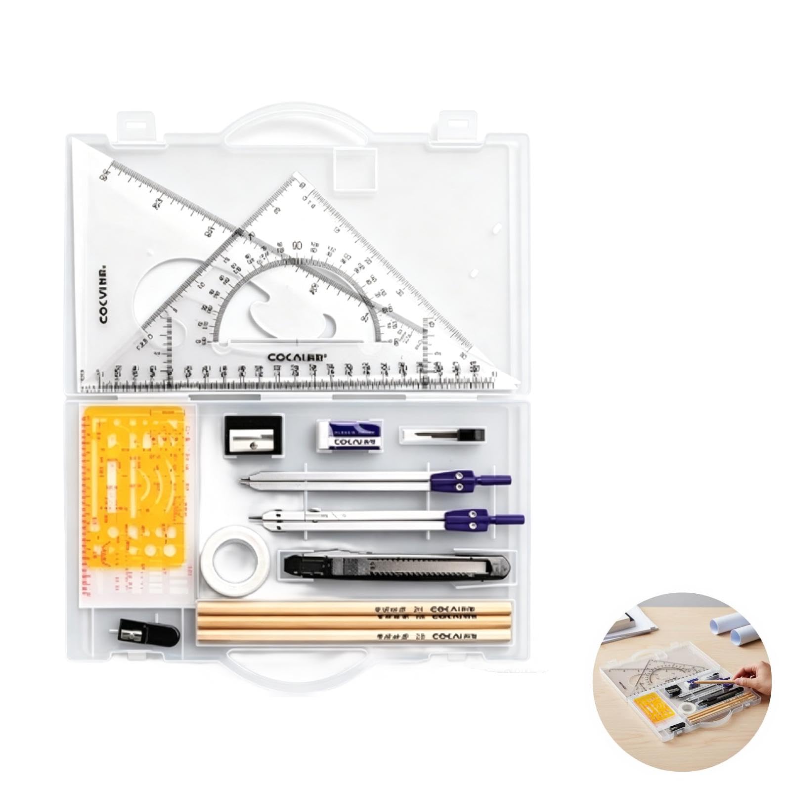 Set géométrie 20 pièces, kit d'outils de dessin de précision avec compas, gabarits de dessin, rapporteurs et crayons en bois, fournitures de traçage pour architecture, ingénierie et design