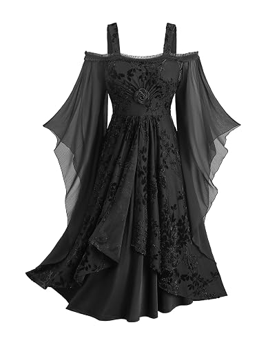ROSE GAL Plus Size Medieval Vintage Costume Cold Shoulder Flare Sleeve Goth Dresses - Black_1 - 5X