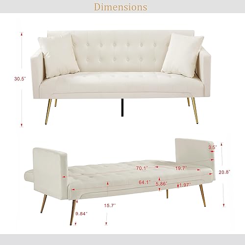 Miniatura 118 de Sofá cama moderno de terciopelo de 72 pulgadas, sofá cama plegable convertible con 3 respaldos ajustables, asiento reclinable copetudo con patas