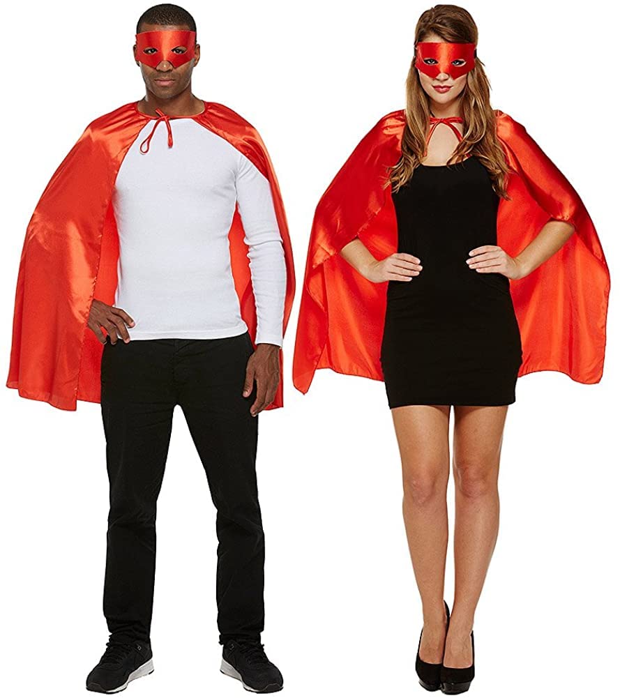 Red Satin Feel Cape & Eye Mask Superhero Set Halloween Cosplay Fancy Dress Party