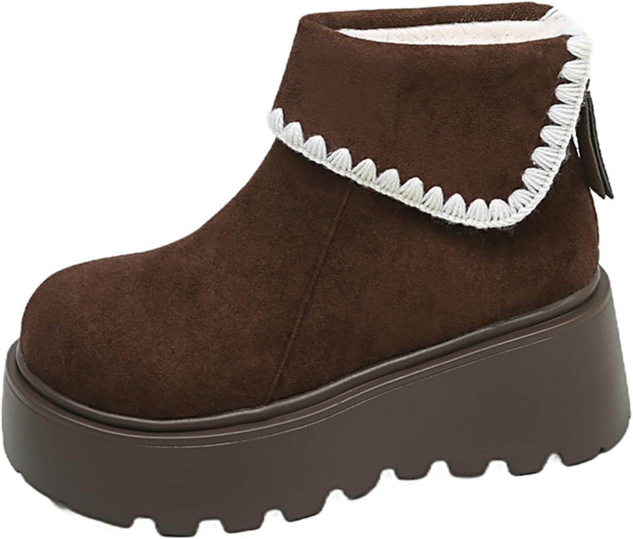 Women's Faux Suede Platform Ankle Boots - Fluffy Lined Warm Winter Shoes, Cute Scalloped Trim, Chunky Non-Slip Sole, Cozy Casual Footwear for Cold Days