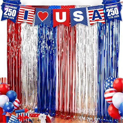 OHOME 4th of July Decorations - American Flag Backdrop Streamers | Patriotic Memorial Day Decor for Indoor Outdoor Outside - 250 America Anniversary USA Fourth of July Accessories Party Favors,2 Pack