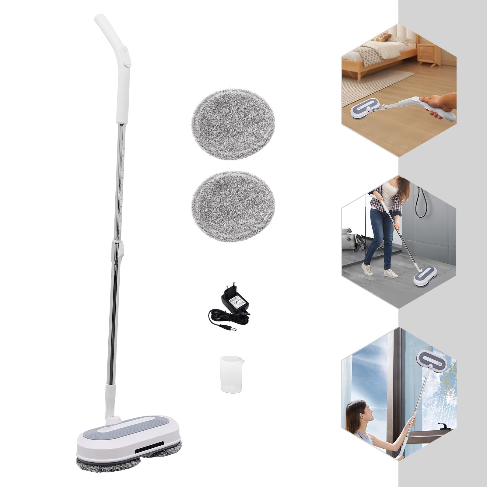 Lavapavimenti elettrico senza fili con funzione spray, funzionamento a batteria, strofinare, lucidare, 4 panni per la pulizia, serbatoio dell'acqua e illuminazione a LED
