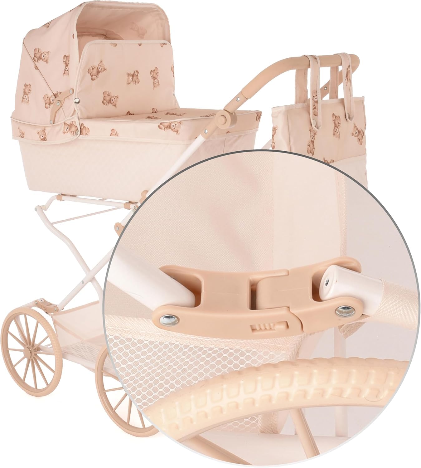 Roma Teddy Reborn wózek dziecięcy dla większych lalek, uroczy miś, regulowany uchwyt 62,5-93 cm, zabawka dla chłopców i dziewczynek, styl vintage z koszem, akcesoria dla lalek.
