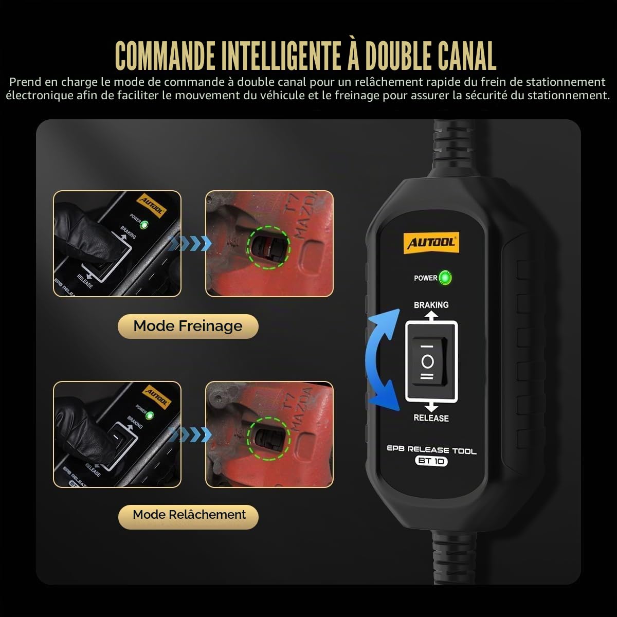 AUTOOL BT10 EPB Outil de déverrouillage d'urgence de frein à double canal et contrôle de recul pour desserrer et réinitialiser le frein de stationnement électronique pour voiture