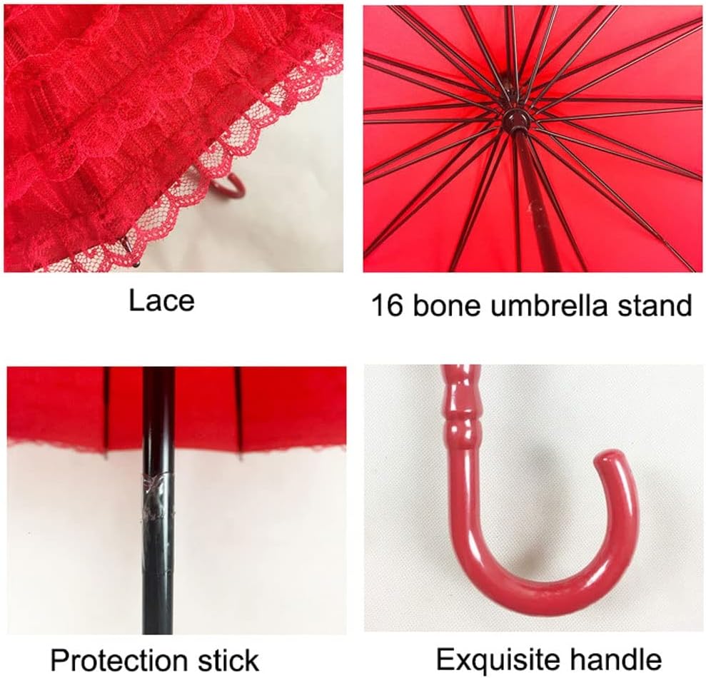 Red Lace Golf Umbrella for Wedding Chinese Style Windproof Rain Umbrella Portable Stick Umbrella with J Handle for Party Golf Umbrella for Adults Men Women