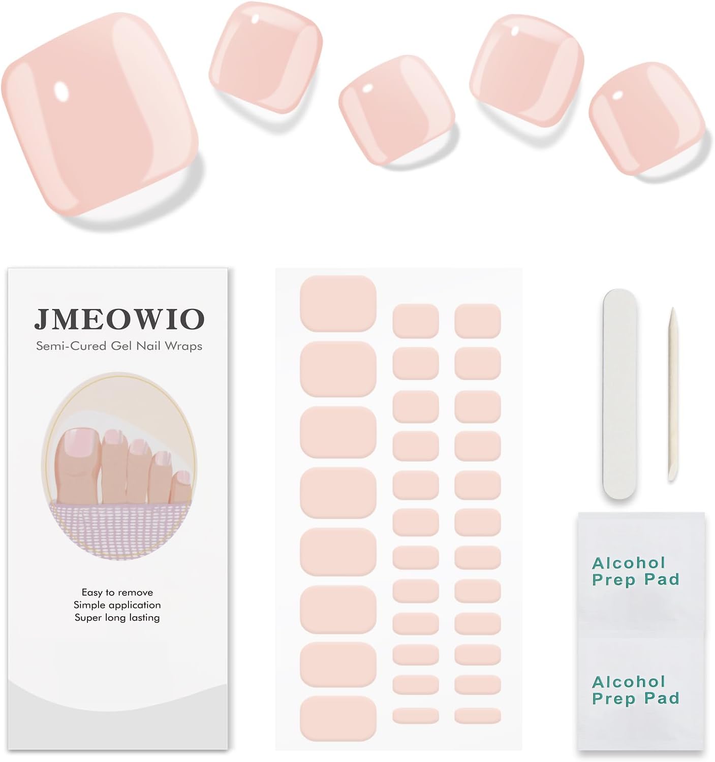 JMEOWIO Semi Cured Gel Toenail Strips Solid Color Gel Toenail Stickers Wraps UV/LED Nails Art Design Decoration Accessories