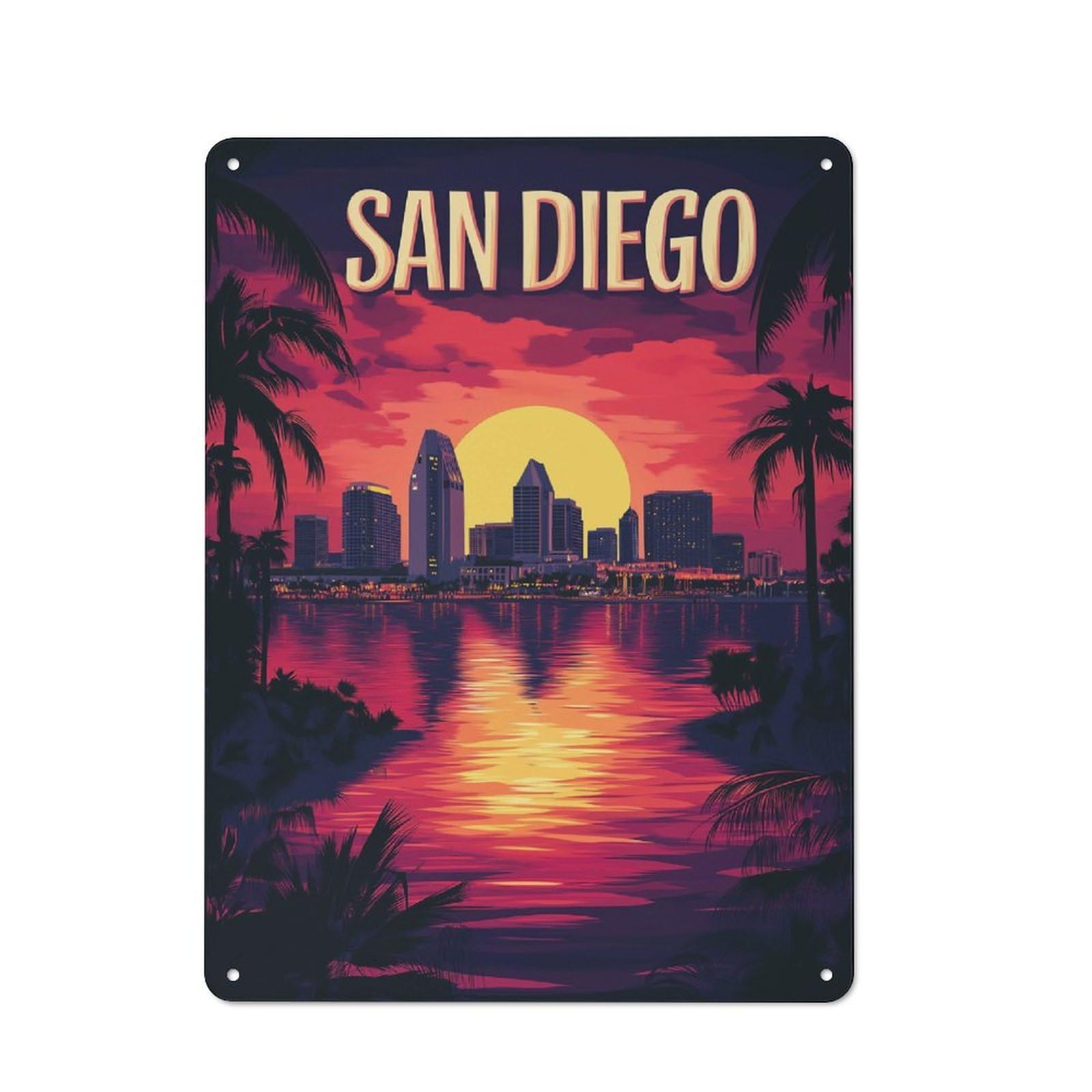 Workshop Style San Diego Sunset Skyline Decorative Metal Plaque 40x30cm, Workshop Wall Decor for Garage, Hobby Room, Office Or Man Cave