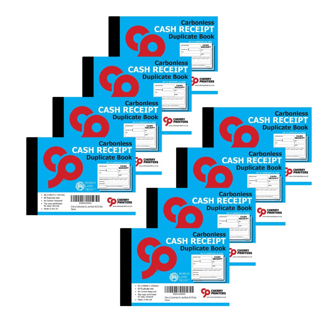 Cherry Printers | Carbonless Cash Receipt Book A6 | 2-Part NCR Duplicate Payment Record | 50 Sets Perforated Top Copy for Easy Removal | for Small Businesses and Tradespeople | **8 Pack**