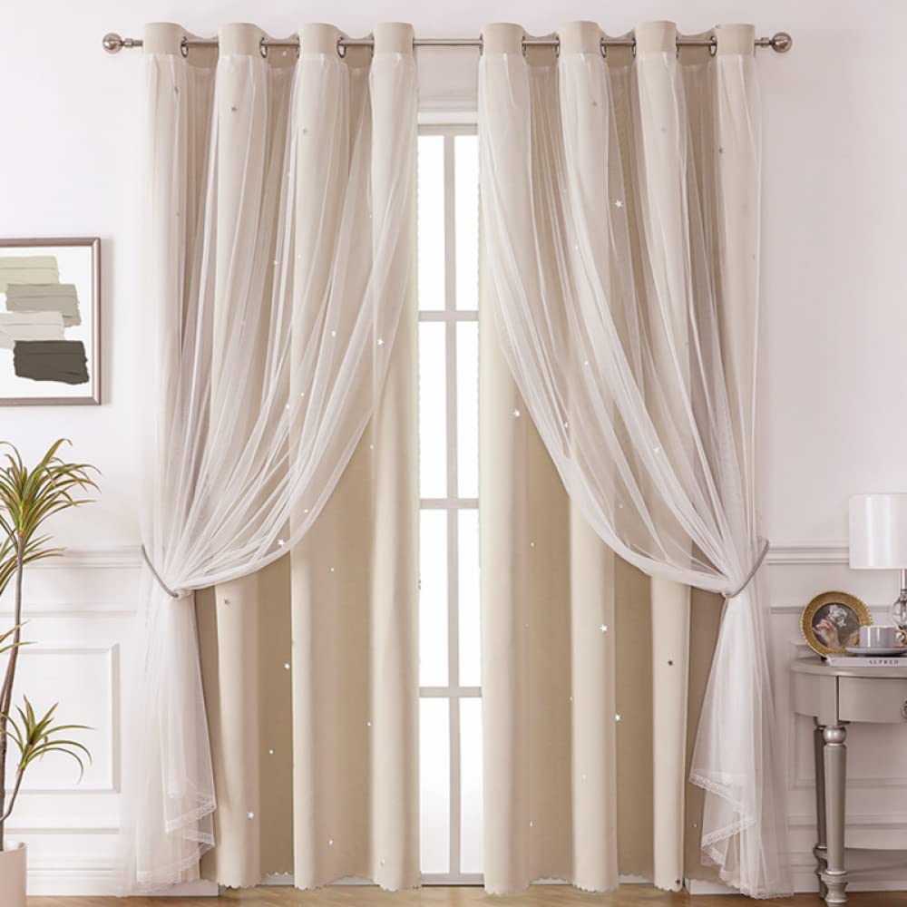 Freyamy Rideau Occultant Étoile Creux Thermique Isolant Anti Froid Oeillets Léger Fenêtre 244x132cm Beige 2 Pièces