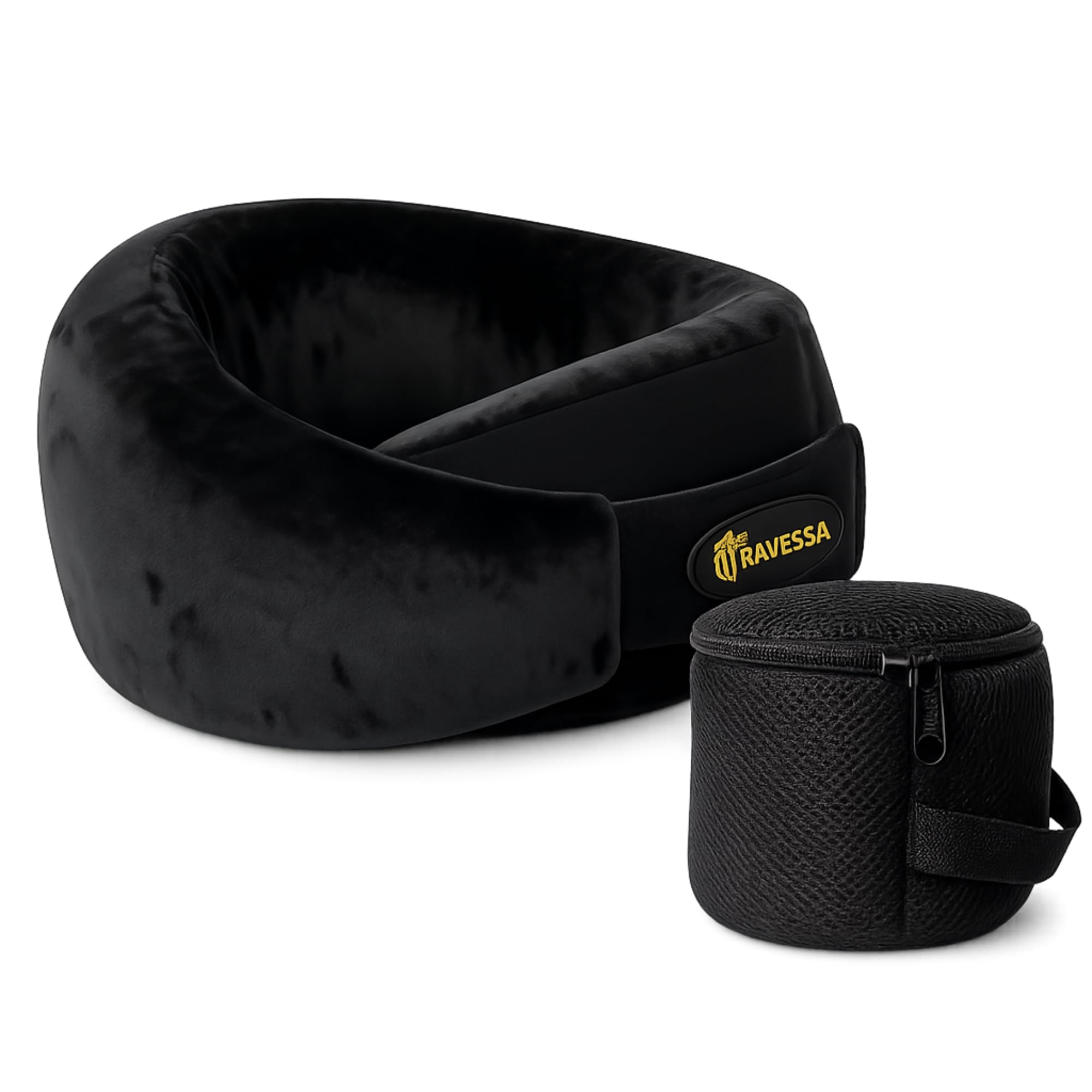 TRAVESSA Memory Foam Neck Pillow: Premium Travel Neck Pillow, Ergonomic Airplane Neck Pillows for Pain Relief. Adjustable & Washable with Free Travel Pouch-Soft Black.