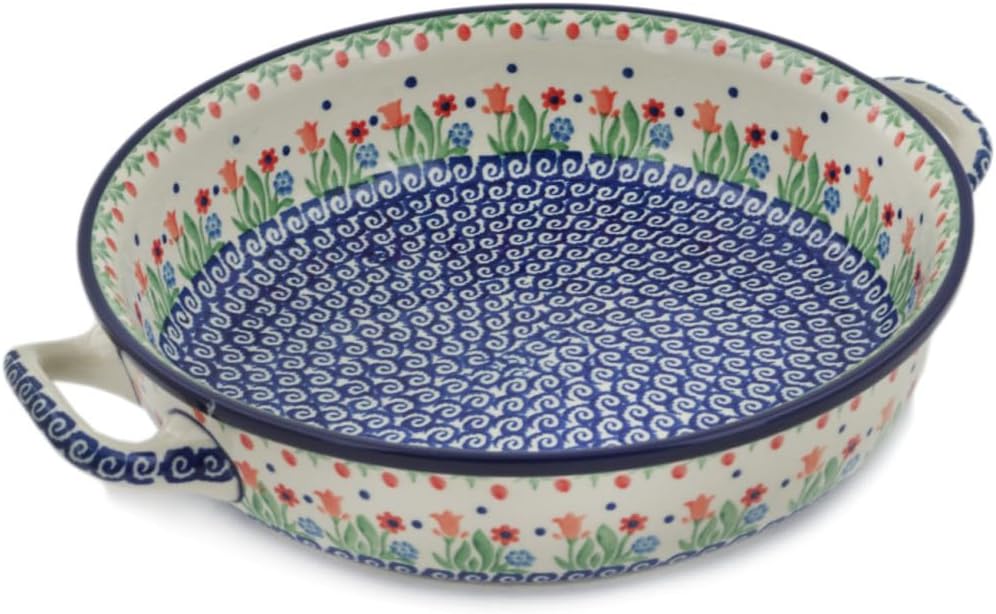 Polmedia Polish Pottery Round Baker with Handles 10-inch - Babcia's Garden Pattern Handmade in Boleslawiec Poland by Ceramika Artystyczna + Certificate of Authenticity