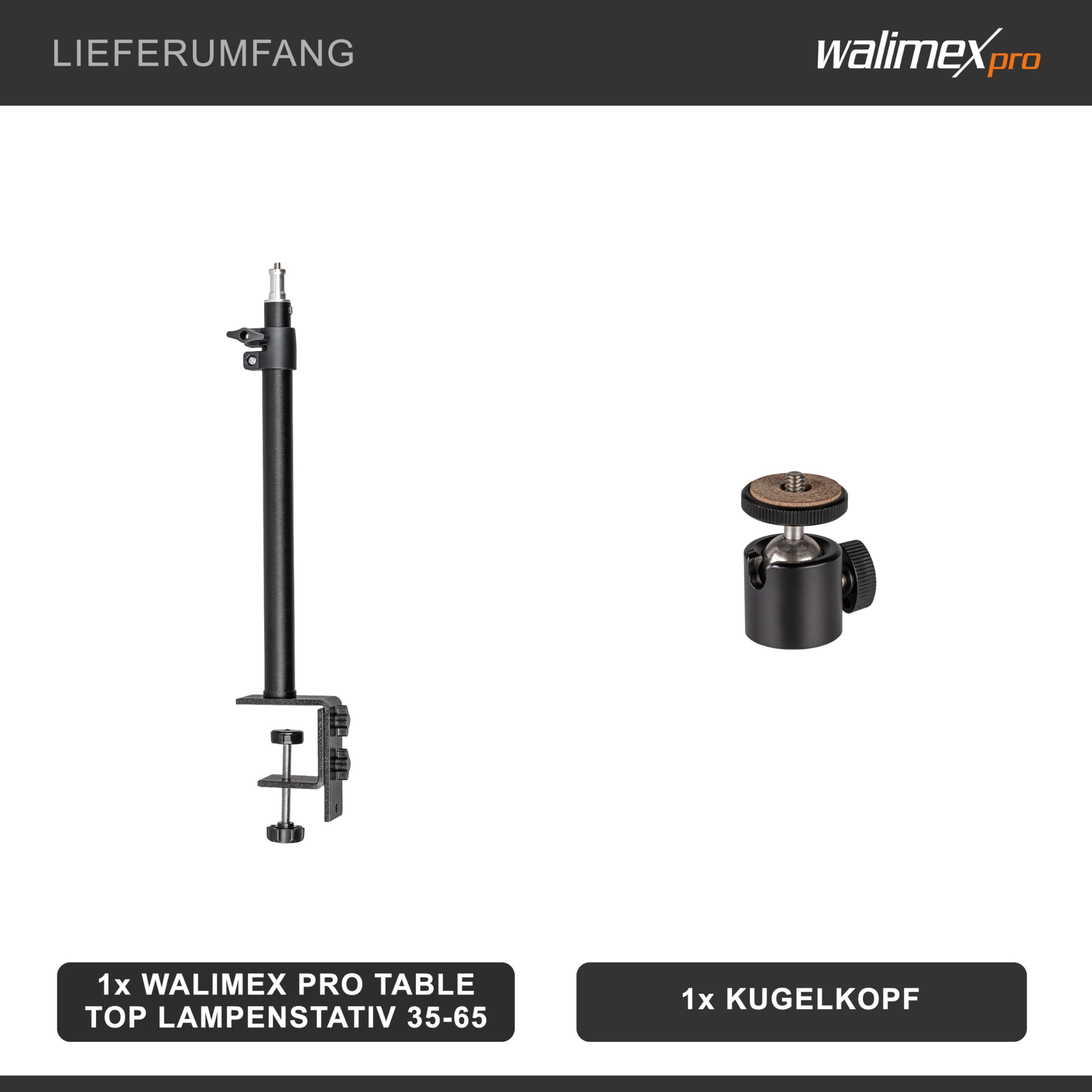 Walimex pro Table Top Lamp Tripod Height Adjustable 35-65 cm, Table Tripod with Ball Head for 360° Rotation and 90° Tilt, Tripod with Clamp Holder for Studio Lighting and Camera Walimex pro Table Top Lamp Tripod Height Adjustable 35-65 cm, Table Tripod with Ball Head for 360° Rotation and 90° Tilt, Tripod with Clamp Holder for Studio Lighting and Camera