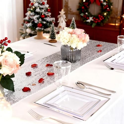 Vista 22 de WDF 86 platos de postre de oro rosa de 6 pulgadas con 86 tenedores desechables de 5 pulgadas, elegantes platos de plástico cuadrados para el día