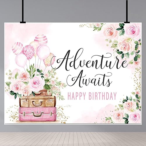 Miniatura 1 de Fondos de cumpleaños de Adventure Awaits - Globos florales rosados para maleta, fondo de fotos de viaje, tema de viaje, fiesta de cumpleaños, telón