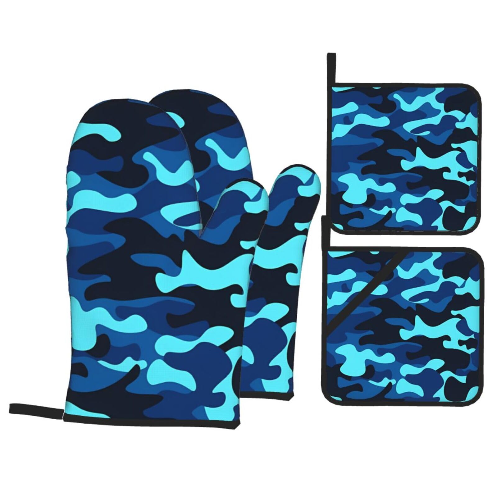 WHJSHOP Blue Camo Prints Oven Mitts & Pot Holders Set - Waterproof Kitchen Layers & Heat Resistant - Durable Covers for Safe Cooking & Easy Cleanup
