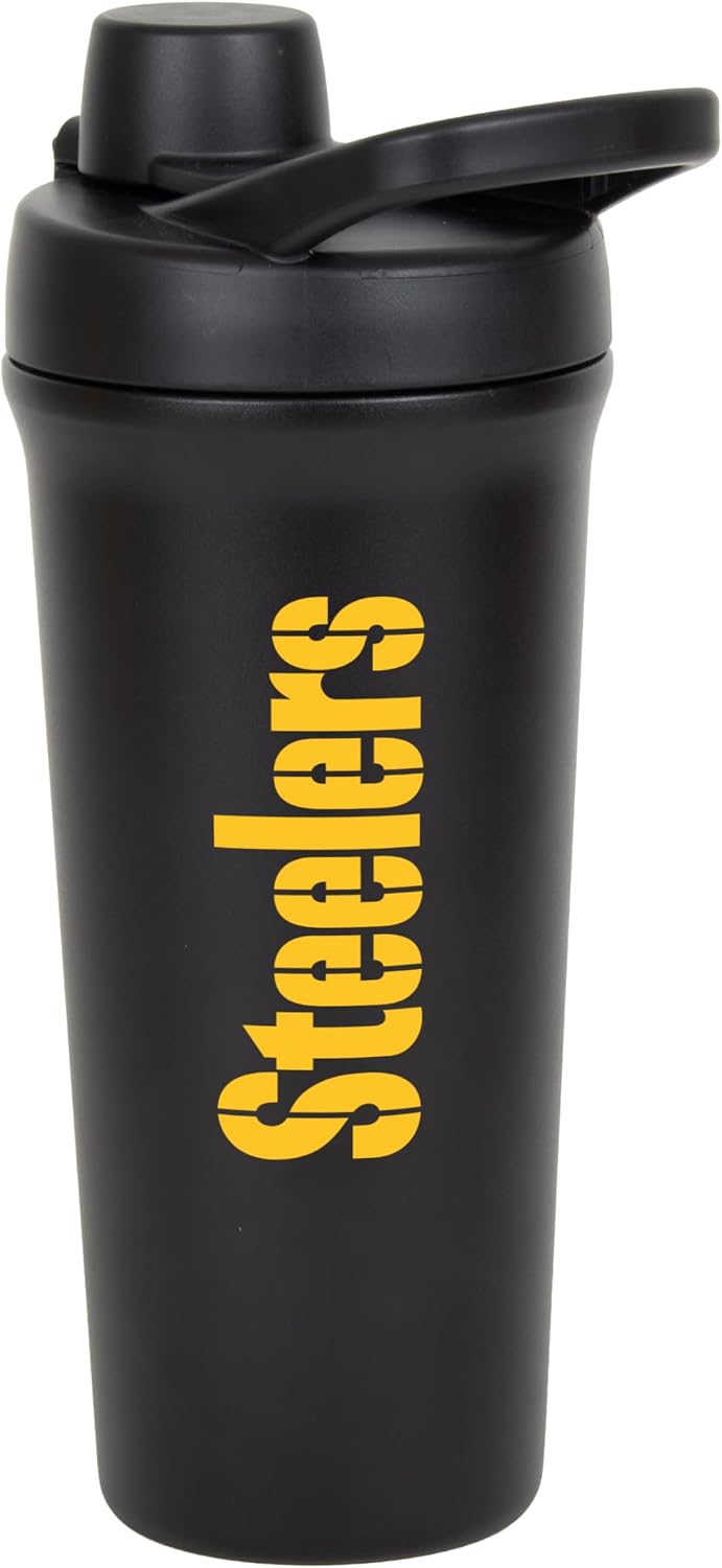 FANMATS NFL 26 oz Stainless Steel Shaker Bottle — Leak-Resistant Flip-Top Lid | Sleek Team Design | Built-In Mixing Screen