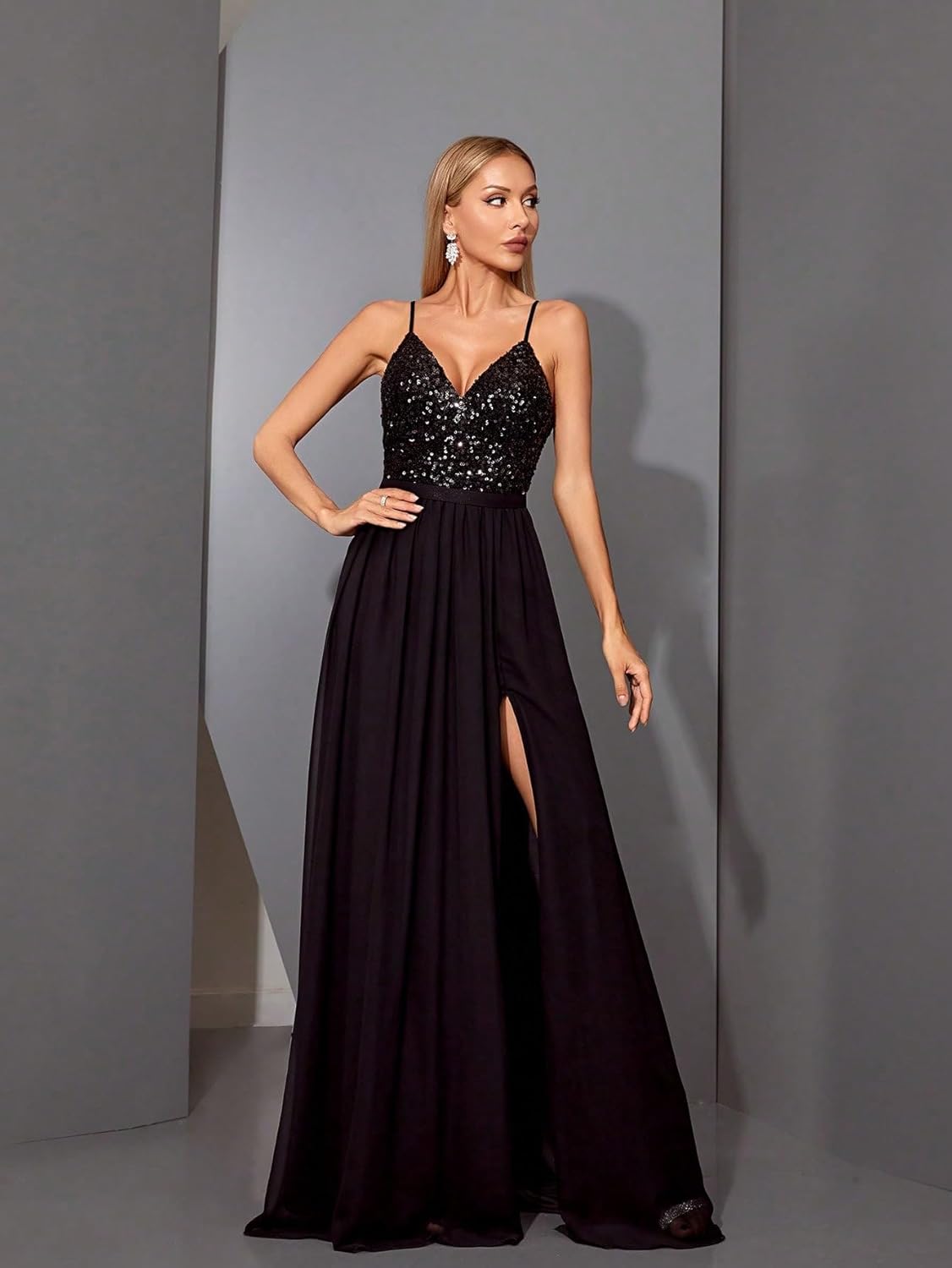 Women's Spaghetti Strap Sequin V Neck with Built-in Bra Contrast Chiffon High Slit Formal Prom Wedding Maxi Dress