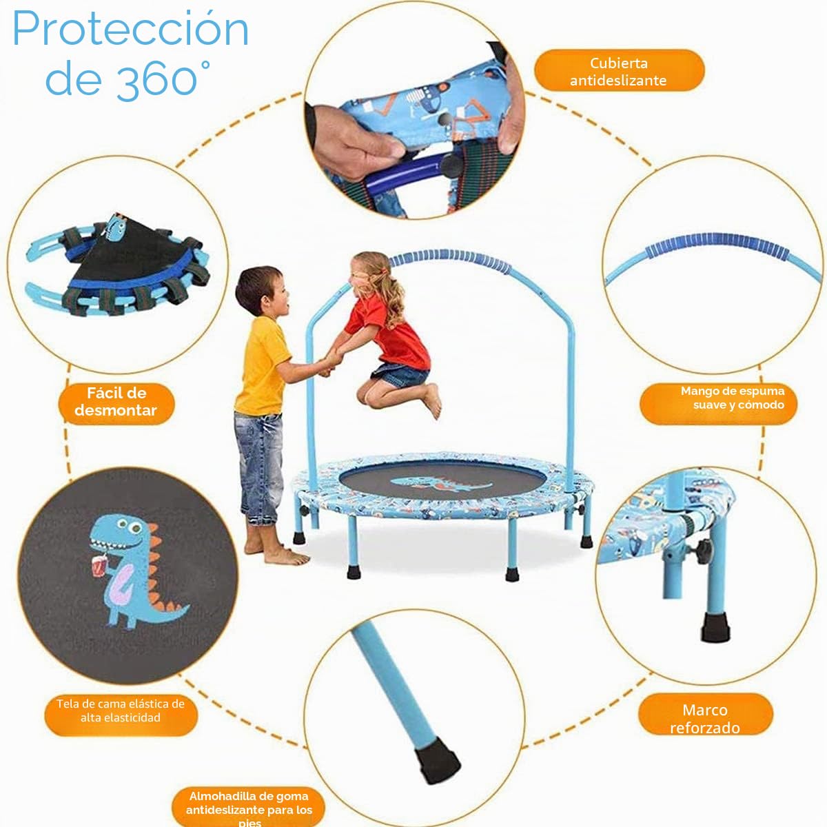 '38'' Trampoline for Kids Mini Trampoline with Adjustable Foam Handle and Safety Padded Cover Foldable Toddler Trampoline Indoor & Outdoor Bungee Rebounder Trampoline for Kids Play and Exercise'