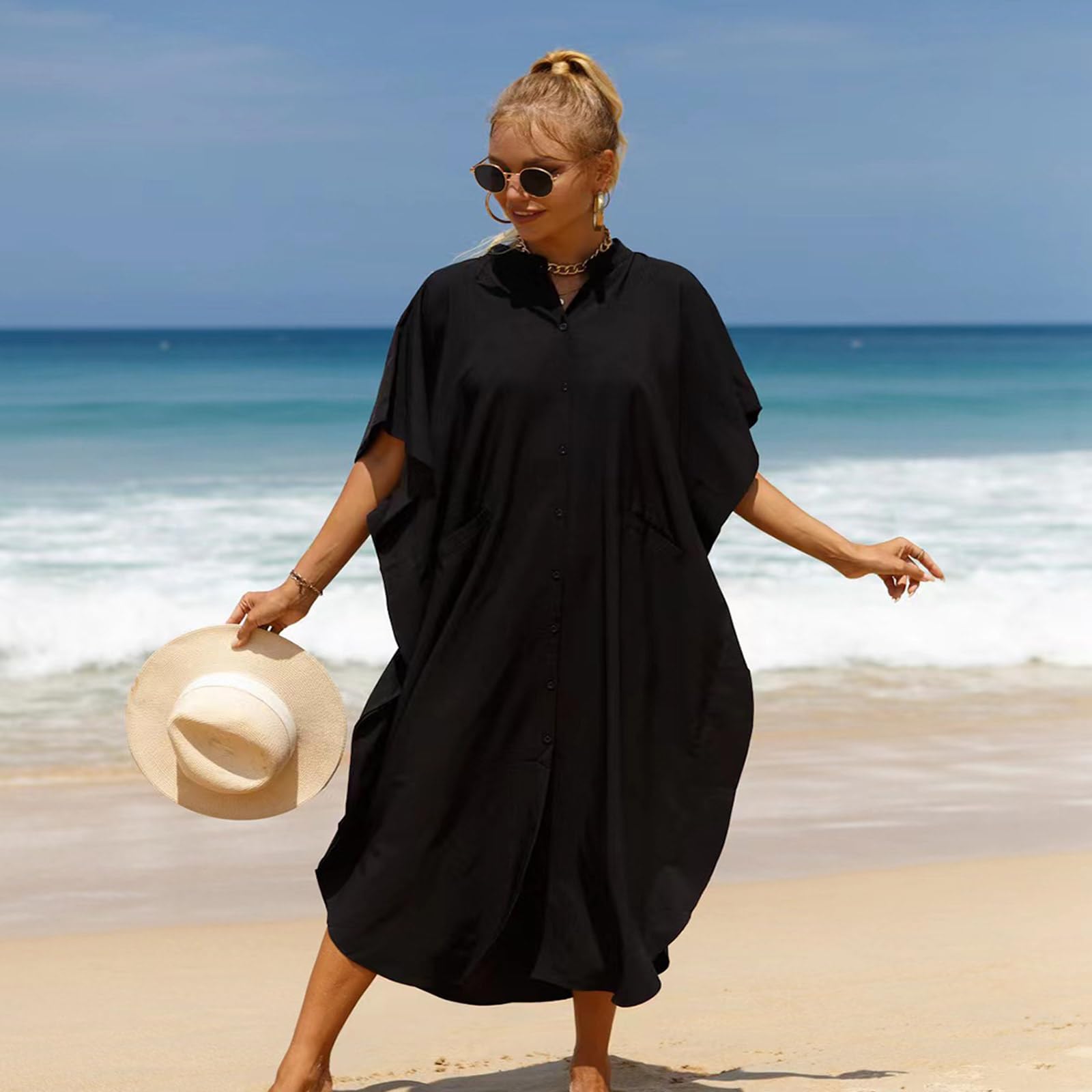 Vestido largo de traje de baño para mujer, con abertura lateral y botones hacia abajo, kimono, salida de baño para la playa