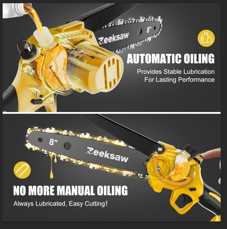 Mini Chain saw Cordless 8 inch Auto Oiler, Automatic Chain Tension, 21V MAX* Rechargeable Cordless Chainsaw with 2x2.0Ah Battery and Charger, Mini Chainsaw 8 inch Cordless Hand-Held Electric Chain Saw - Image 4