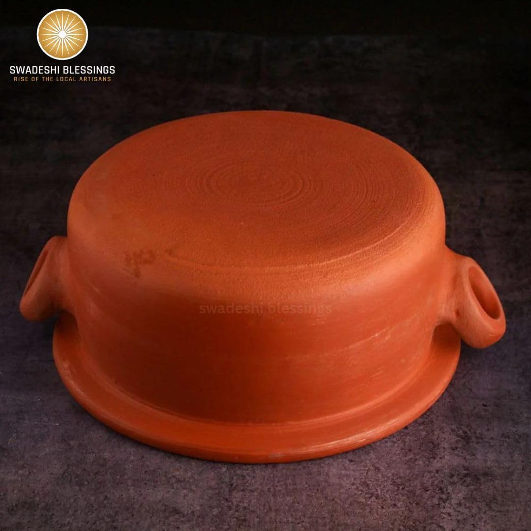 Swadeshi Blessings Exclusive Range Unglazed Clay Pot For Serving with Lid/Earthen Kadai/Mud Handi/Mitti Ke Bartan (With Mirror Shine)   PALM STAND & ASH For Cleaning (3.5 Liters)