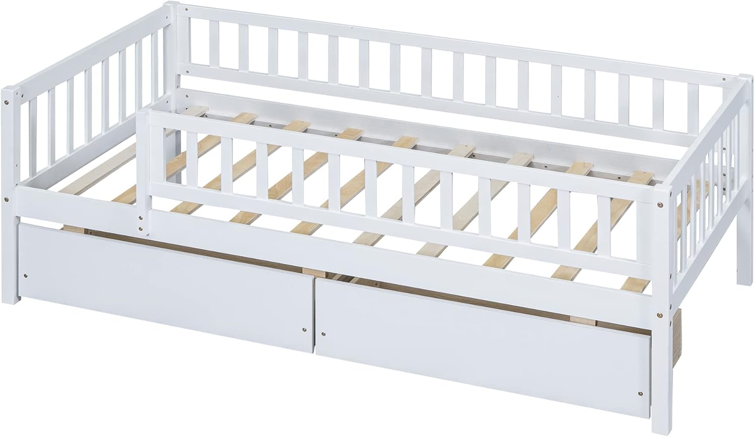 Twin Kids Bed Frame with Rails & 2 Storage Drawers,Wooden Low Montessori Bed with Full-Length Safety Guardrails,Twin Size Daybed with Slat Support for Boys Girls,Easy Assembly,Space Saving,White