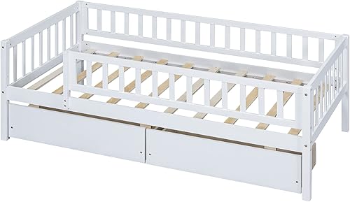 Miniatura 15 de Sofá cama matrimonial con nido de tamaño individual, marco de cama de madera para niños con valla, cama nido para niñas, niños, cama de plataforma